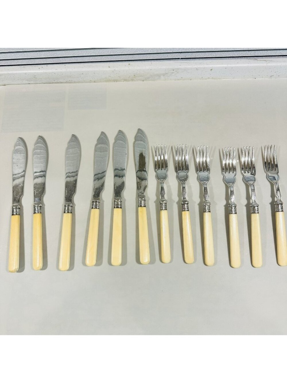 Sheffield EPNS Plated Set 6 Fish Forks & 6 Knives Celluloid Handles Antique UK